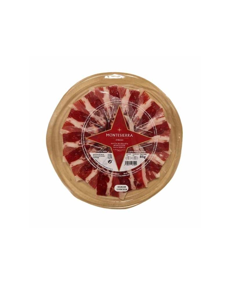 50 % iberisk Bellota-skinke fra Montesierra, 85 g. Skåret i »tapa«-stykker i beskyttende atmosfære.