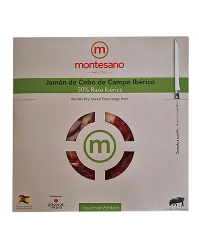 Ιβηρικός ζαμπόν Cebo de Campo με μαχαίρι Montesano 100gr. Φυλή 50% ιβηρική.