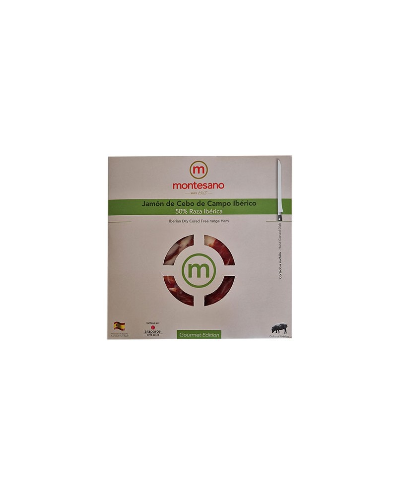 Ιβηρικός ζαμπόν Cebo de Campo με μαχαίρι Montesano 100gr. Φυλή 50% ιβηρική.