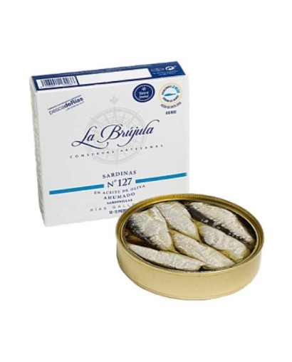 Malé sardinky „do Xeito“ v údenom olivovom oleji La Brujula č. 127. 130 g